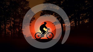 Silhouette of man riding bike with orange cloudy sunset