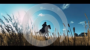a silhouette of man riding a spotted horse through a field of rye, blue sky and sunny day. Generative AI