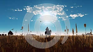 a silhouette of man riding a spotted horse through a field of rye, blue sky and sunny day. Generative AI