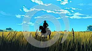 a silhouette of man riding a spotted horse through a field of rye, blue sky and sunny day. Generative AI