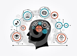 Silhouette of a man`s head with gears in the shape of a brain surrounded by icons