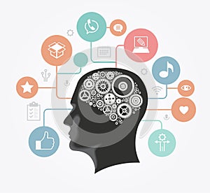 Silhouette of a man`s head with gears in the shape of a brain surrounded by icons