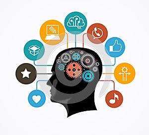 Silhouette of a man`s head with gears in the shape of a brain surrounded by icons