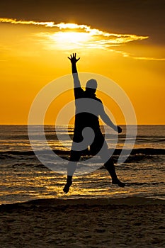 Silhouette Man Sea Touch Sun Jumping Goal