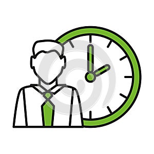 Silhouette of a man in a shirt with a tie on the background of a clock