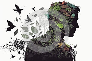 Silhouette Of A Man And Shoulders Made Of Leaves. Generative AI