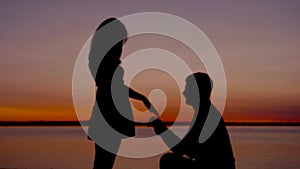 Silhouette Of A Man Sit Down On His Knee And Puts The Ring On The Woman Hand