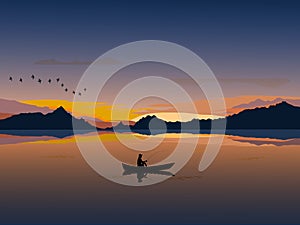 Silhouette of a man on a small boat that is fishing There is  mountain and  sunset background