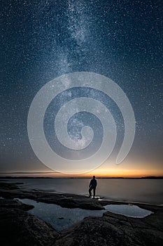 Silhouette of a man standing alone by a sea and looking up the milky way