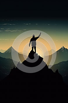 Silhouette Man standing and celebrating success and achievement on the top of mountain with sun rise, for Victory concept.