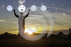 Silhouette man standing with check mark icon and face emoticon.Customer service, service mind