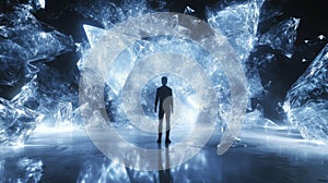 A Silhouette of a Man Standing in a Glowing Crystal Cave