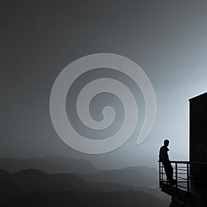 Silhouette of the man standing lonely at the balcony in mountain
