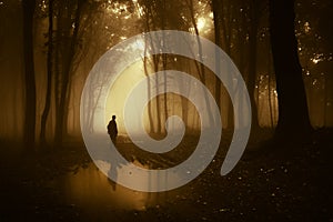 Silhouette of man standing near a pond in a dark creepy forest with fog in autumn