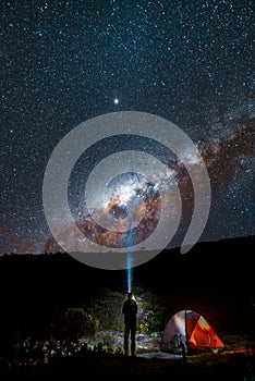 Silhouette of a man standing next to a camping tent observing the Milky Way