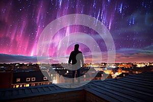 Silhouette of a man standing on the roof of his house admiring the view of aurora borealis. Sky with stars and green polar lights