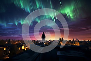 Silhouette of a man standing on the roof of his house admiring the view of aurora borealis. Sky with stars and green polar lights