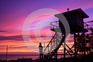 a silhouette of a man standing on top of a lifeguard tower at sunset