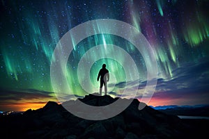 Silhouette of a man standing on the top of a mountain admiring the view of aurora borealis. Sky with stars and green polar lights