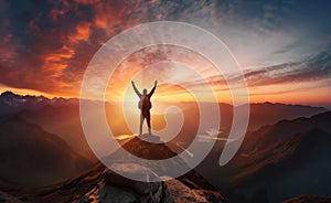 Silhouette of a man standing on top of a mountain with his hands up at sunset