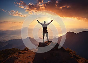 Silhouette of a man standing on top of a mountain with his hands up at sunset