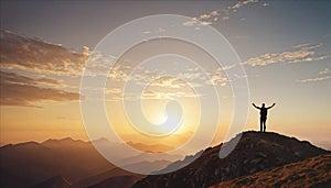 Silhouette of a man standing on top of a mountain with his hands up at sunset