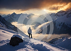 Silhouette of a man standing on top of a mountain with his hands up at sunset