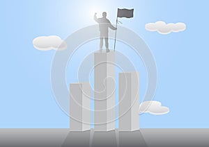 Silhouette of man standing on top of podium holding flag on blue sky background, successful, achievement and winning concept