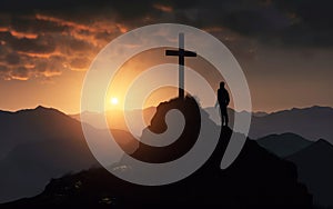 silhouette of a man stands at the cross on Mount Golgotha, repentance prayer of a Christian. Generative AI