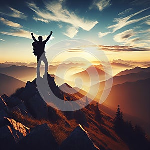 silhouette of a man stands on the top of the mountains and raises hands to the sky