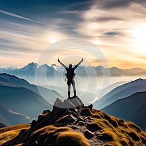 silhouette of a man stands on the top of the mountains and raises hands to the sky