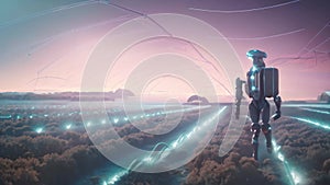 Silhouette of a man with a suitcase against the background of a futuristic landscape, Futuristic AI robot farmer working in the