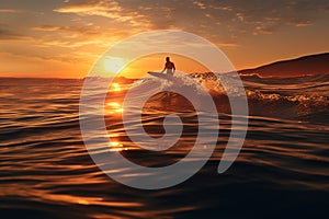 Silhouette of a man surfing at sunset in the ocean