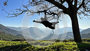 The silhouette of the man swinging on the tree and the wonderful views from the magnificent viewing hill