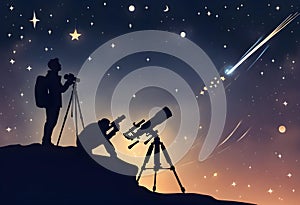 Silhouette of a man, telescope, stars, planets