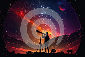 Silhouette of a man, telescope, stars, planets and shooting star under the night sky