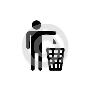 Silhouette of a man, throwing garbage in a bin, isolated on white background