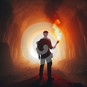 Silhouette of a man with a torch in a cave.