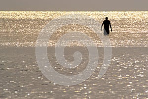 A Silhouette of a man wading in the ocean. photo