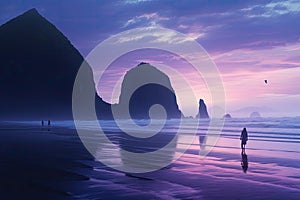 Silhouette of a man walking on the beach at sunset, Cannon Beach Dusk Solitude. Evening twilight at Haystack Rock in Cannon Beach