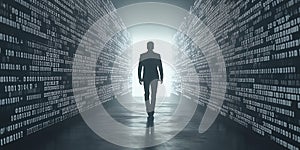 Silhouette of man walking in binary code
