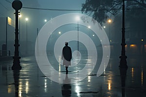 silhouette of a man walking in the rain at night