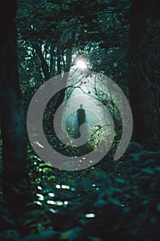 Silhouette of a man walking in the rainforest at night.