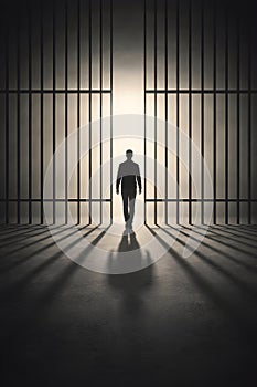 Silhouette Man Walking Toward Light Through Open Prison Bars Concept