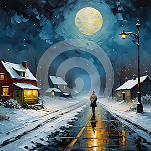Silhouette of a man walking on a wet road, in winter with snow dark sky, starry night, moonlit, village, houses, painting art