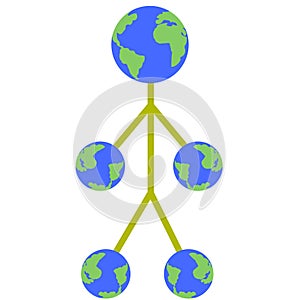 Silhouette of a man whose head and arms and legs in the shape of planet Earth on, white background. Flat design