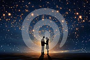 Silhouette of a man and woman couple in love against a background of sunset, dust stars. Against the background of the