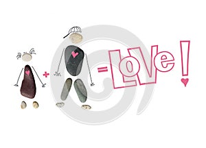 Silhouette of a man and woman, a couple from stones. The inscription `Love!`, sign plus and equal. Conceptual picture of love and