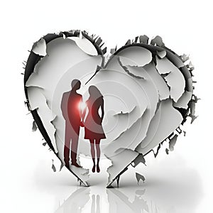 Silhouette of a man and a woman, cradling their hands in love on a torn white Heart. Heart as a symb affection and love