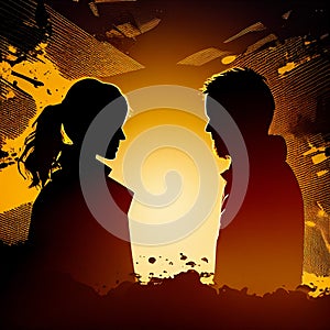 silhouette of man and woman facing each other, conflict concept illustration